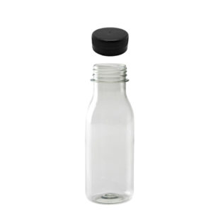 Botella PET transparente 250 ml. tapón negro zumos