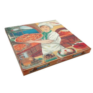 Caja cartón ondulado Pizza fondo Blanco/Pizzero  33x33x4 cm.